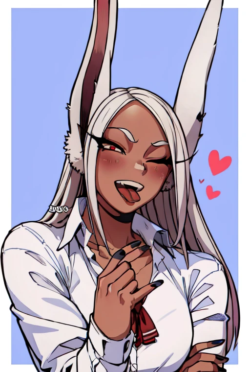 masterpiece,best quality,extreme detail,8k,mirko2,1girl,solo,long hair,looking at viewer,blush,smile,open mouth,tongue out,shirt,red eyes,bow,animal ears,,collarbone,white shirt,upper body,white hair,heart,one eye closed,teeth,collared shirt,dark skin,bowtie,nail polish,rabbit ears,red bow,dark-skinned female,parted bangs,eyelashes,blue background,border,black nails,white border,rabbit girl,long eyelashes,on arm behind head