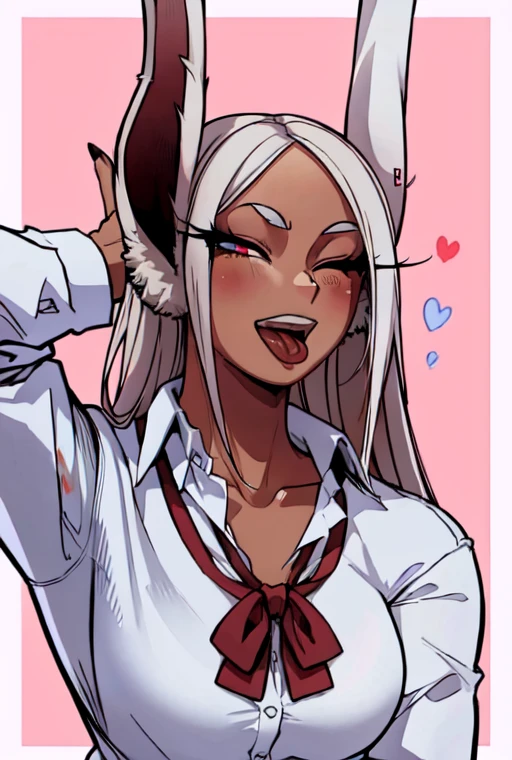 masterpiece,best quality,extreme detail,8k,mirko2,1girl,solo,long hair,looking at viewer,blush,smile,open mouth,tongue out,shirt,red eyes,bow,animal ears,,collarbone,white shirt,upper body,white hair,heart,one eye closed,teeth,collared shirt,dark skin,bowtie,nail polish,rabbit ears,red bow,dark-skinned female,parted bangs,eyelashes,blue background,border,black nails,white border,rabbit girl,long eyelashes,on arm behind head