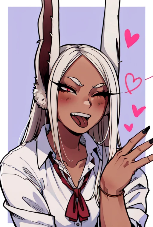 masterpiece,best quality,extreme detail,8k,mirko2,1girl,solo,long hair,looking at viewer,blush,smile,open mouth,tongue out,shirt,red eyes,bow,animal ears,,collarbone,white shirt,upper body,white hair,heart,one eye closed,teeth,collared shirt,dark skin,bowtie,nail polish,rabbit ears,red bow,dark-skinned female,parted bangs,eyelashes,blue background,border,black nails,white border,rabbit girl,long eyelashes,on arm behind head