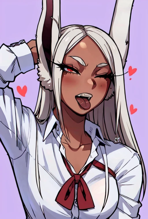 masterpiece,best quality,extreme detail,8k,mirko2,1girl,solo,long hair,looking at viewer,blush,smile,open mouth,tongue out,shirt,red eyes,bow,animal ears,,collarbone,white shirt,upper body,white hair,heart,one eye closed,teeth,collared shirt,dark skin,bowtie,nail polish,rabbit ears,red bow,dark-skinned female,parted bangs,eyelashes,blue background,border,black nails,white border,rabbit girl,long eyelashes,on arm behind head