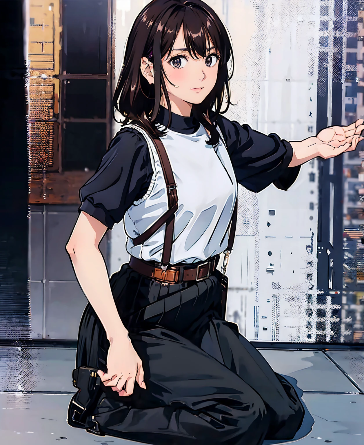 Black Skirt, suspenders, Brown hair Gray eyes, 脚にガーターbelt, Tight black clothes, belt Armpit sweat Bright expression Moderate bust holster Put your hands behind your back、Double Exposure 、(Kneeling pose),Expressing the city with multiple exposures,sit,
