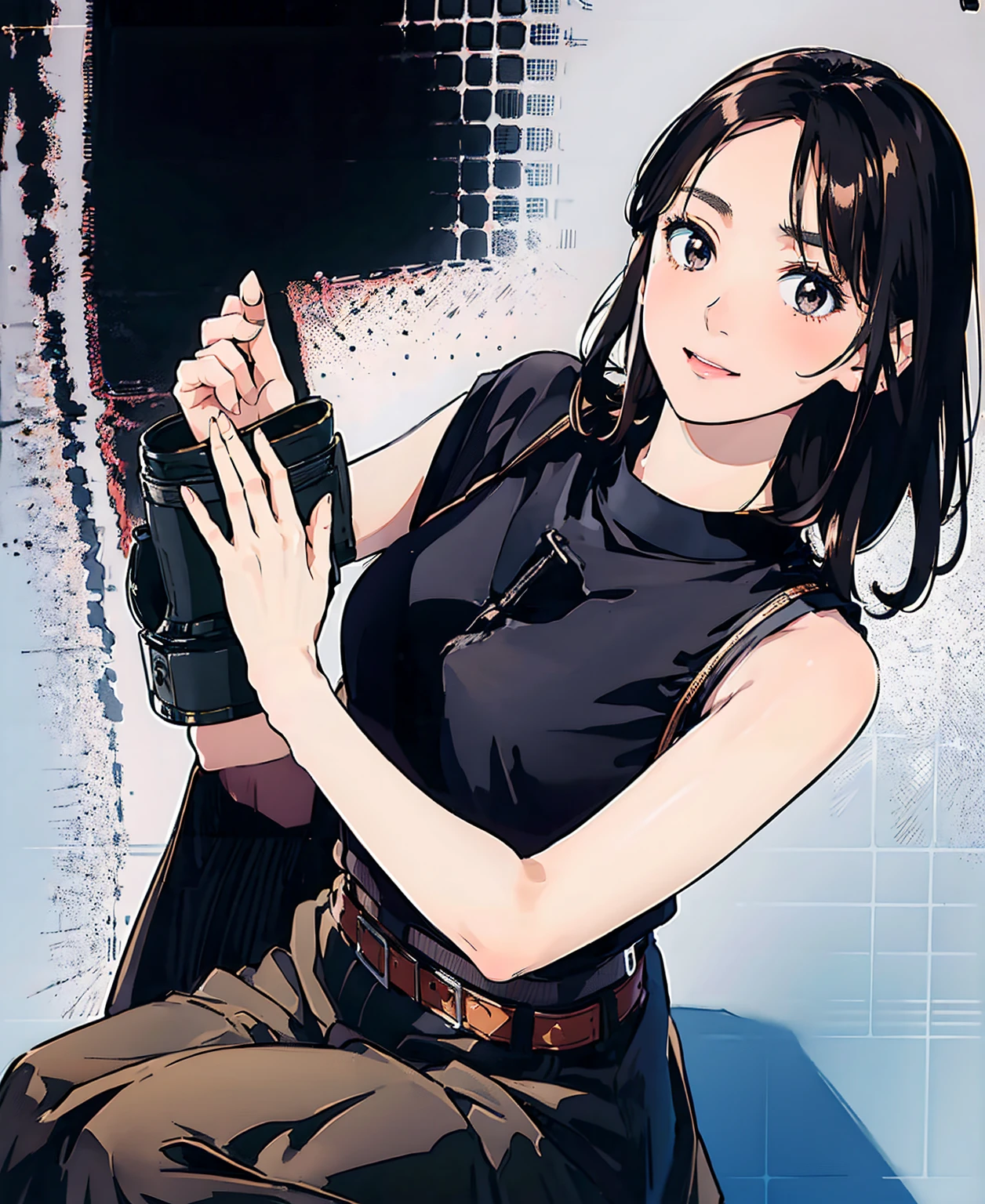 Black Skirt, suspenders, Brown hair Gray eyes, 脚にガーターbelt, Tight black clothes, belt Armpit sweat Bright expression Moderate bust holster Put your hands behind your back、Double Exposure 、(Kneeling pose),Expressing the city with multiple exposures,sit,