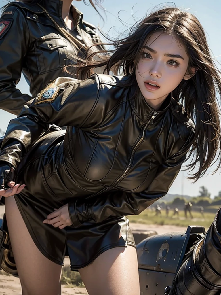 Close-up of a sexy dressed age girls fighting on battlefield,Full body close-up,Destroy the enemy