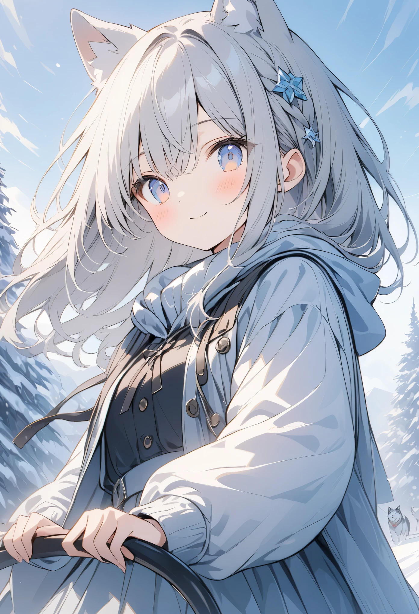 超High resolution, Attention to detail, high quality, High resolution, 最high quality, 4K, 8K, Awards、absurdists、Snow Mountain、Husky dog、Girl Dog Sledding、There is a snowstorm and visibility is poor.、Girl pulling a sled hard、Front view angle、A work with a positive vibe,(Snowwear),Pale colors,A world of silver