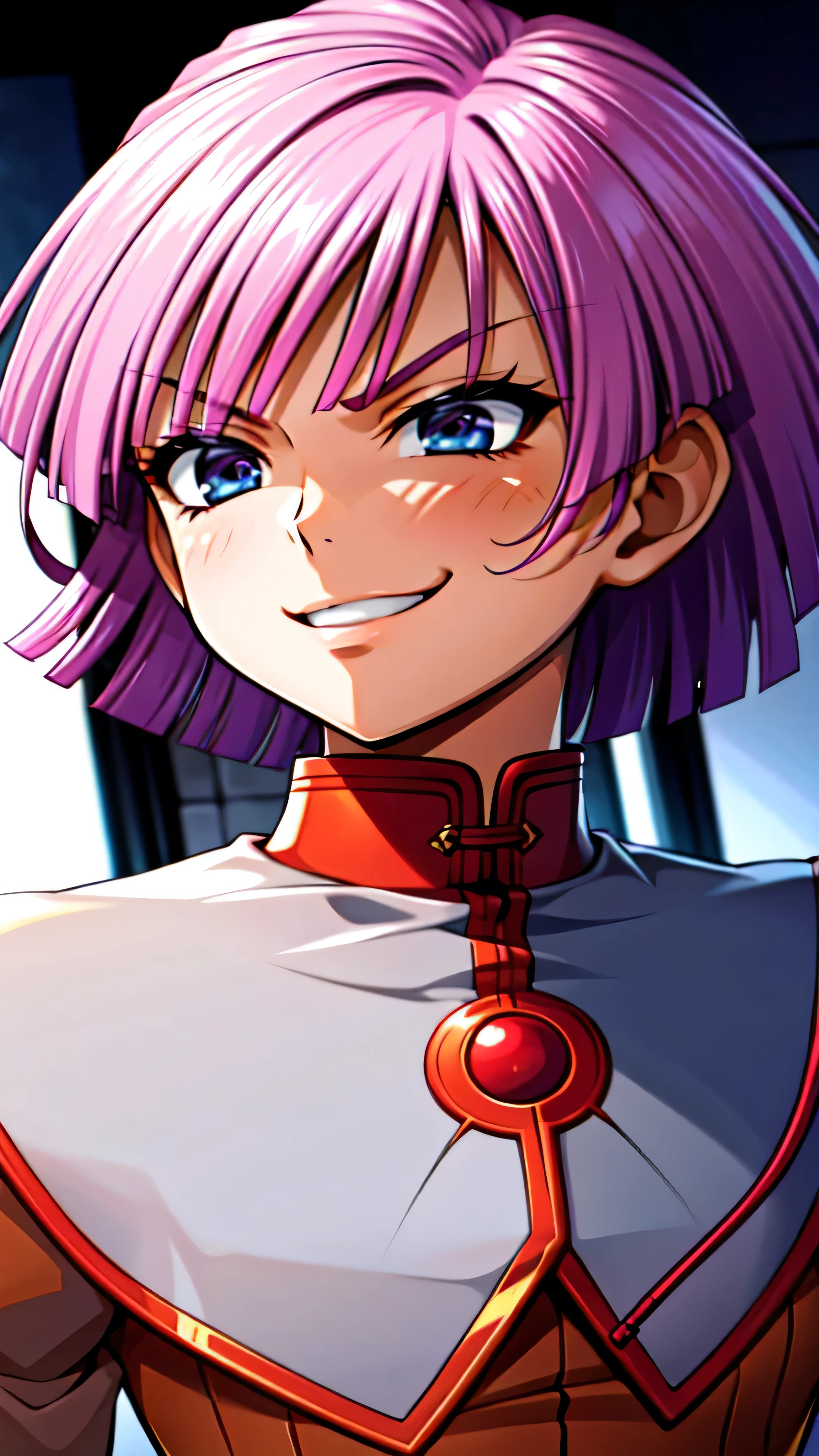 (best_quality 4K, 8K, High resolution, Masterpiece: 1.2), ultra detailed),from_below,(anime_screencap),(1girl,solo),dynamic_angle,too evil_smile,too evil laugh at,tis,deep shaded_face,too sadistic smile,smile worst,,bob short hair,,,looking at viewer,upper body,black background,too worst smile,too bad smile,too evil smirk,,too sadistic smirk,