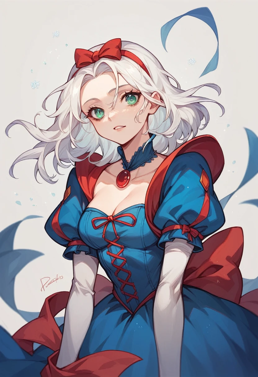 Girl with snow white hair which was bonded with long ponitail , emerald eyes and E-cup