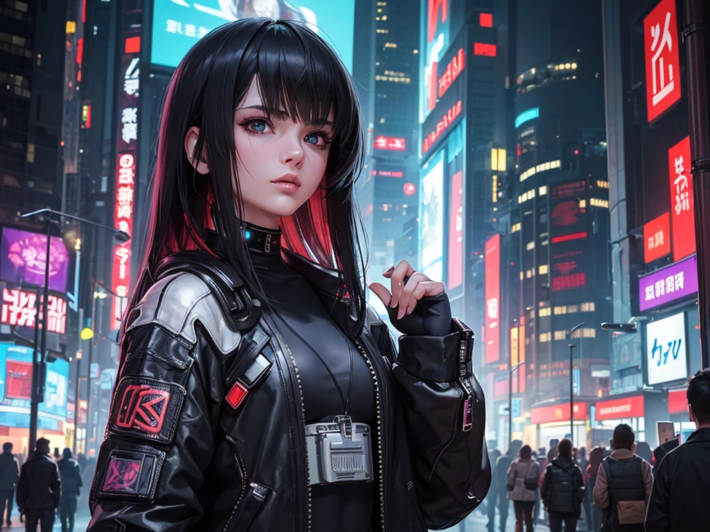 (masterpiece), (best quality), (very detailed), ((1 woman)), (cyberpunk), future city background, ghost in the shell, detailed eyes, Detailed nose, Detailed lips, perfect face, perfect body, Side face and upper body expression, Place a small person on the left side of the picture, movie poster, landscape