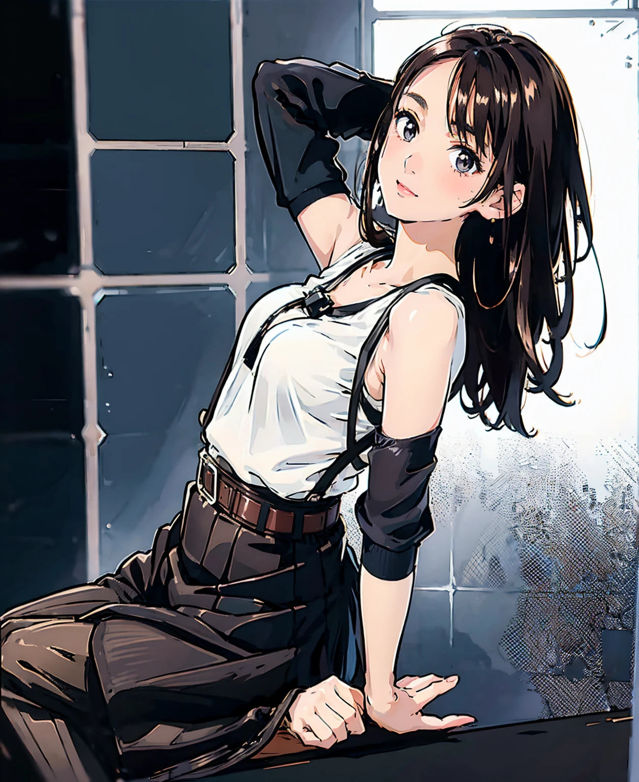 Black Skirt, suspenders, Brown hair Gray eyes, 脚にガーターbelt, Tight black clothes, belt Armpit sweat Bright expression Moderate bust holster Put your hands behind your back、Double Exposure 、(Kneeling pose),Expressing the city with multiple exposures,sit,