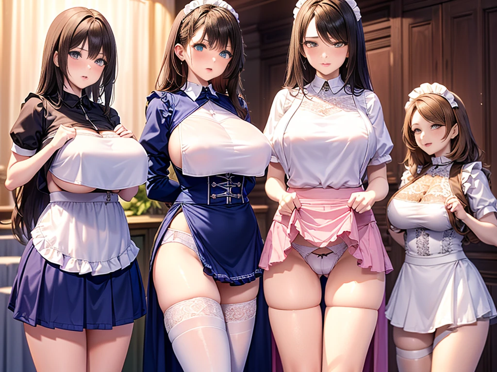 Browsing Caution, masterpiece, Highest quality, Very detailed, Ultra-fine illustrations, 8k CG wallpaper, Great art, (Three women stand side by side:1.4), Perfect Anatomy, (Pussy juice:1.2)), ((mini skirt,Maid uniform, Transparent clothes, Apron skirt)), (White horizontal lace panties:1.3), (Pink stylish lace panties:1.3), (Stylish lace panties in light blue:1.3)), (Embarrassed expression, blush:1.2), Beautiful big boobs, Slender body, ((Four women lift their skirts to show their panties:1.5)), ((Anime CG Style)), garter belt, ((White lace short chest curtain,Underbust)), ((bare Maid uniform)),((underboob))