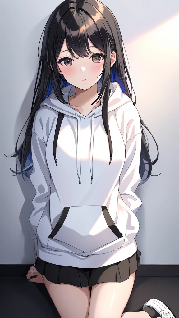 (((Highly detailed CG unit 8K wallpaper:1.2, masterpiece, High resolution:1.2, Highest quality:1.2, Tabletop))), ((Very beautiful woman, Place your hands behind your back.:1.8, Grunge Fashion, Wearing a colorful hoodie, White leggings, Putting on your shoes)), ((Highly detailed face, Highly detailed black eyes, Highly detailed body, Highest qualityのリアルテクスチャスキン)), (Black-haired, Hair length, White skin, small), ((colorful geometric pattern wall, Colorful wall)), (High Angle:1.2), Surreal, Digital Painting,