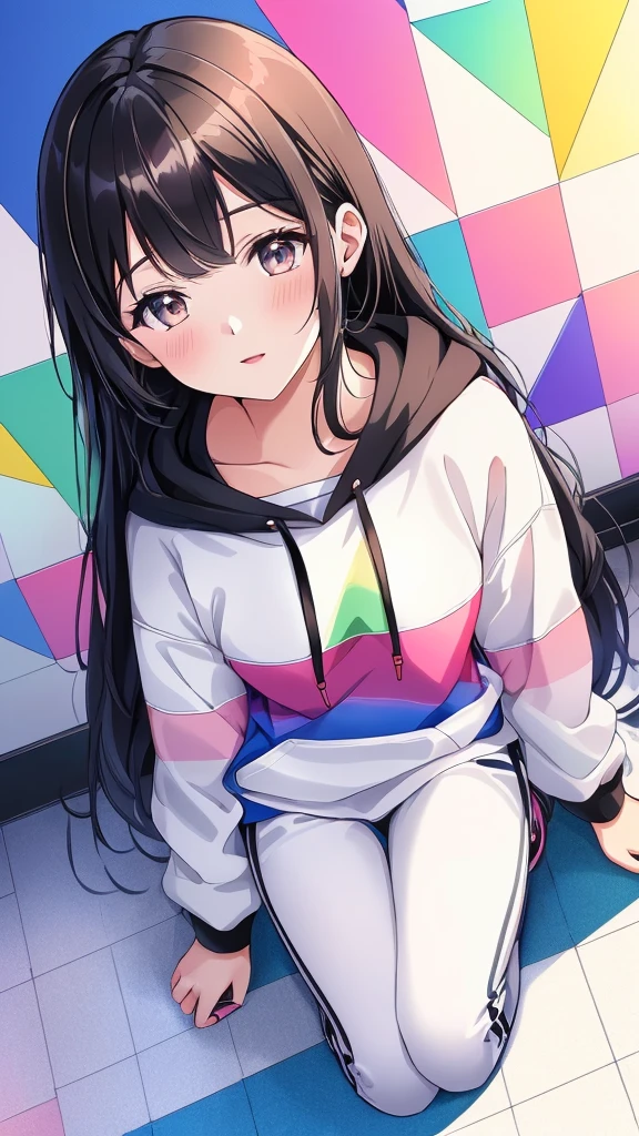 (((Highly detailed CG unit 8K wallpaper:1.2, masterpiece, High resolution:1.2, Highest quality:1.2, Tabletop))), ((Very beautiful woman, Place your hands behind your back.:1.8, Grunge Fashion, Wearing a colorful hoodie, White leggings, Putting on your shoes)), ((Highly detailed face, Highly detailed black eyes, Highly detailed body, Highest qualityのリアルテクスチャスキン)), (Black-haired, Hair length, White skin, small), ((colorful geometric pattern wall, Colorful wall)), (High Angle:1.2), Surreal, Digital Painting,
