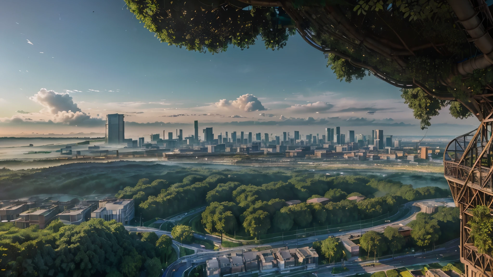 A top view of a sprawling city encroaching into lush nature, (best quality,4k,8k,highres,masterpiece:1.2),ultra-detailed,(realistic,photorealistic,photo-realistic:1.37),cityscape, aerial view, urban development, environmental pollution, industrial smog, deforestation, green trees, rolling hills, dynamic composition, muted colors, warm lighting, cinematic atmosphere