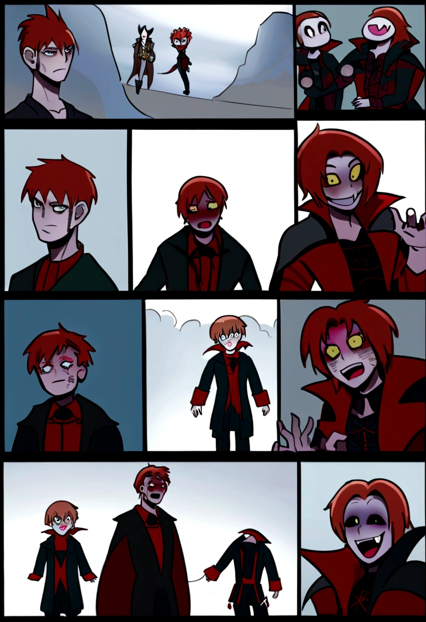 A vampire, fang-baring, sunburned, comics da marvel, dizzying illusions, vampire core, Flawless line operation, made of fog, comics, wild and bold, Shot at 70 mm., dark gold and red, Detailed costumes, Domain Svetoten, creepypasta, intense full body, Provided