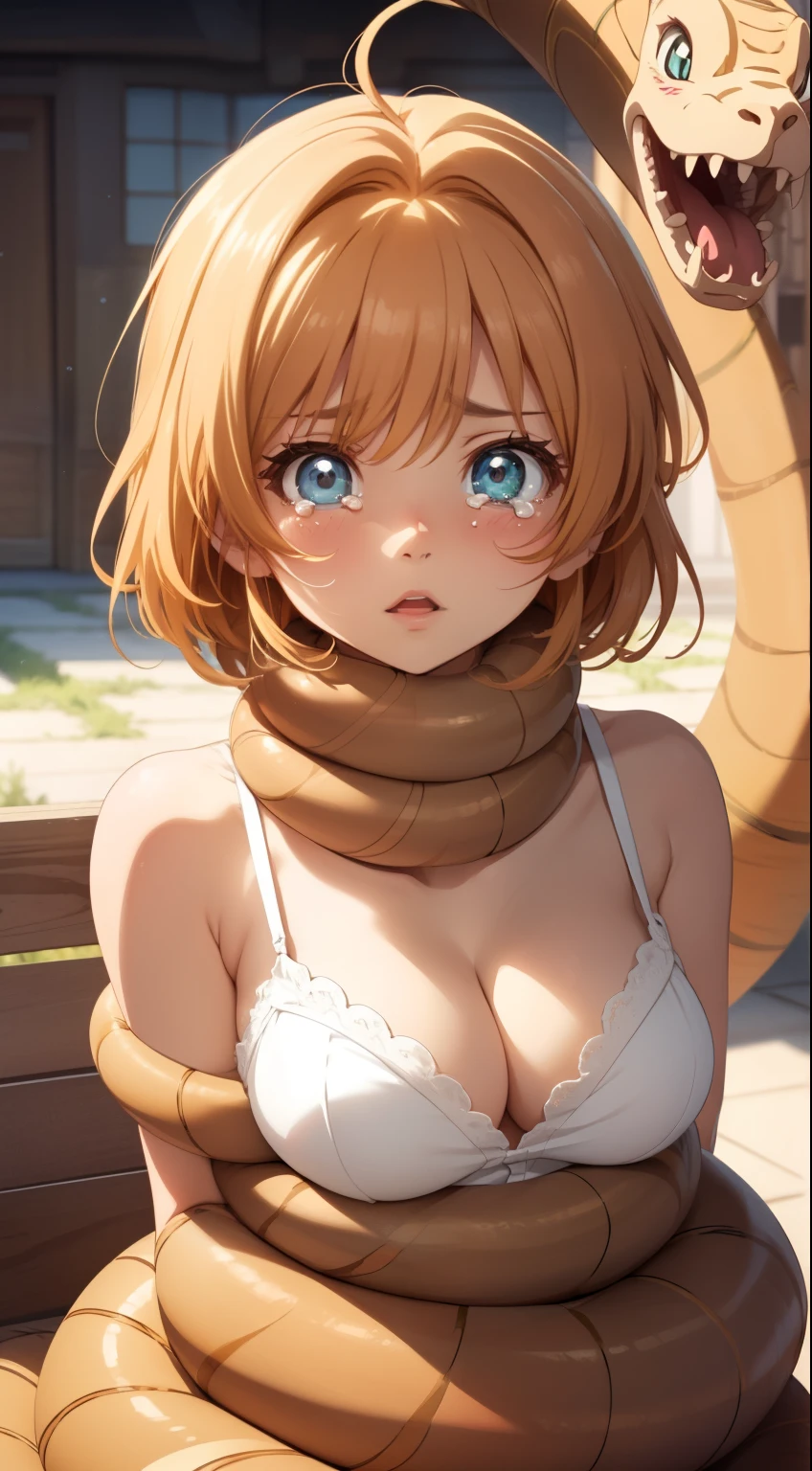 masterpiece, best quality, highres, perfect pixel, depth of field, 1girl, single, solo, beautiful anime girl, beautiful artstyle, (detailed face), (blush), anime CG style, (medium breasts), good lighting, perfect body, lips parted, (sakura kinomoto), glossy lips, cleavage, (tears:1.2), snake, restrained, (coiled:1.3)