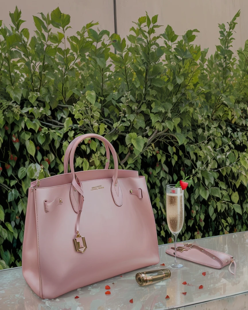 Real leather bag , real leaves , real glass , real champagne , real strawberry 