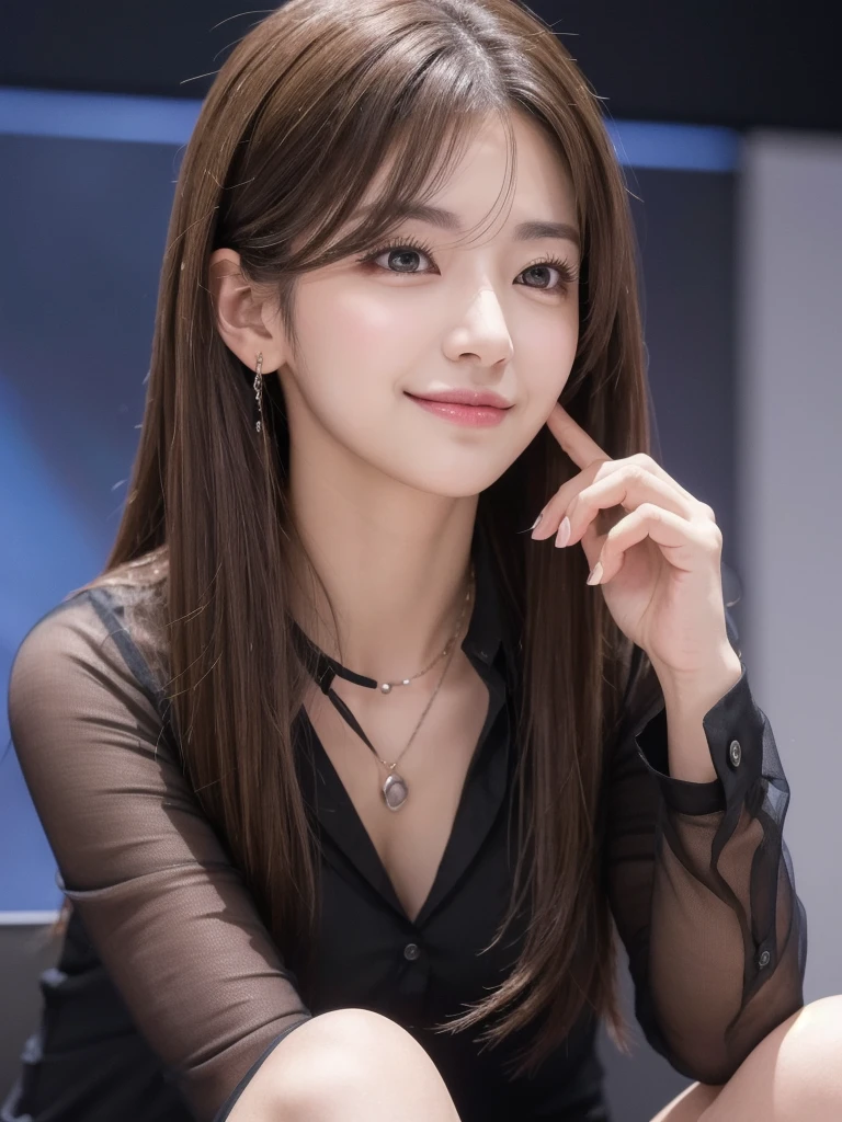 (RAW Photos), (Realistic), (masterpiece), (Highest quality), High resolution, 8K, (Intricate details), (Volumetric Light), Portraiture, woman, Age 35, Medium Hair, Straight hair, Medium Chest, Layered Hair, Brown Hair, Very beautiful eyes, Source order, Very thin eyebrows, Very fine skin, Very beautiful mouth, Very nice nose, Cute like an idol, smile, (Thick lips), (Looking at the audience), (See-through black collared dress shirt), Above the knee shot