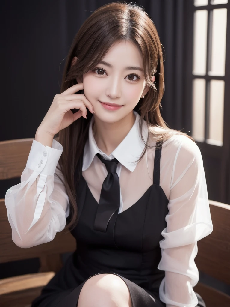 (RAW Photos), (Realistic), (masterpiece), (Highest quality), High resolution, 8K, (Intricate details), (Volumetric Light), Portraiture, woman, Age 35, Medium Hair, Straight hair, Medium Chest, Layered Hair, Brown Hair, Very beautiful eyes, Source order, Very thin eyebrows, Very fine skin, Very beautiful mouth, Very nice nose, Cute like an idol, smile, (Thick lips), (Looking at the audience), (See-through black collared dress shirt), Above the knee shot