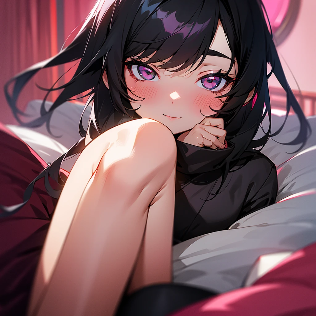 Black hair asian girl, , on a bed, thighs, blush, black eyes, love eyes, a cup, pink lights, solo, 1girl