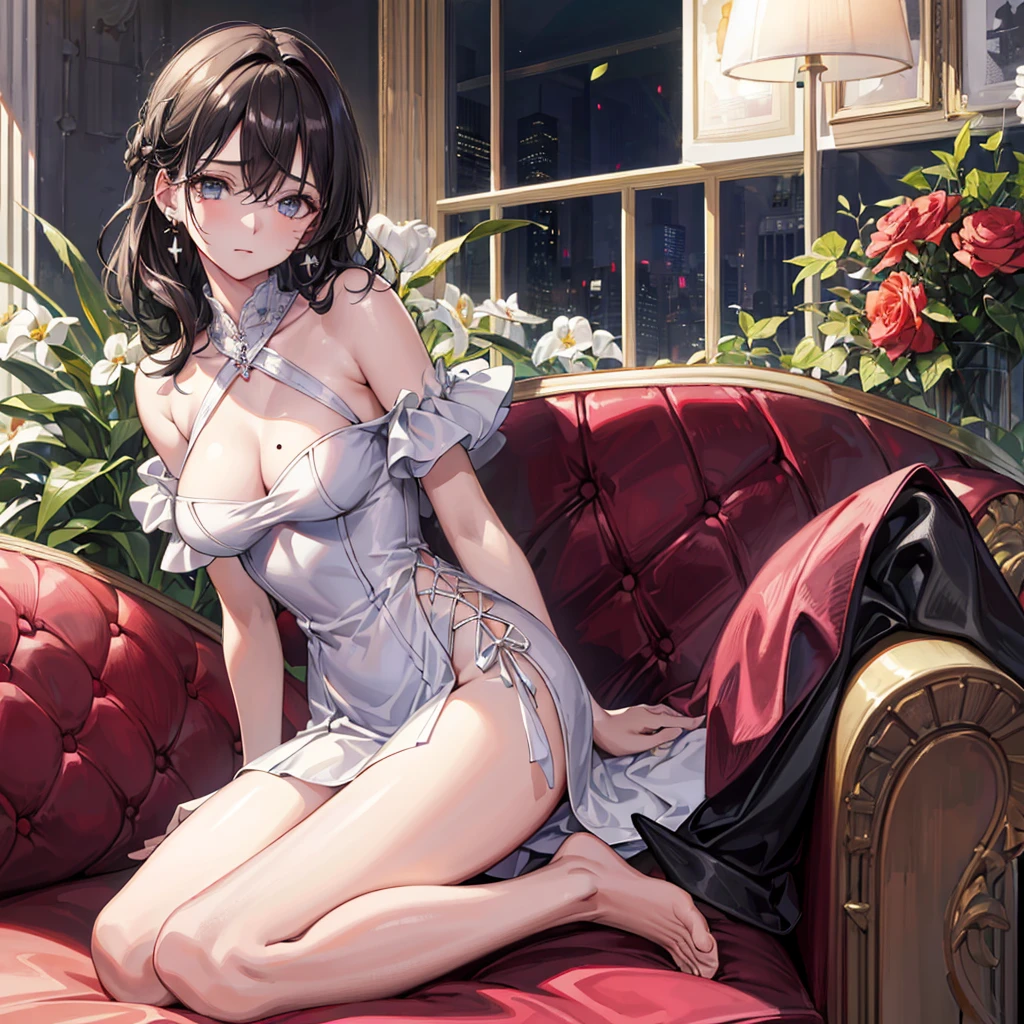 ((((absurdres, RAW photo, extremely delicate and beautiful, masterpiece, Best Quality, ultra high resolution, 32k, hyperrealistic, ultra-detailed)))), in her 20s, very Slim body, narrow waist, very small head, very small face, delicate facial features, beautiful face, beautiful eyes, very huge round tits, medium hair, black hair, wavy hair, tearful mole, earring, full body shot, off-the-shoulder cut top, sofa,