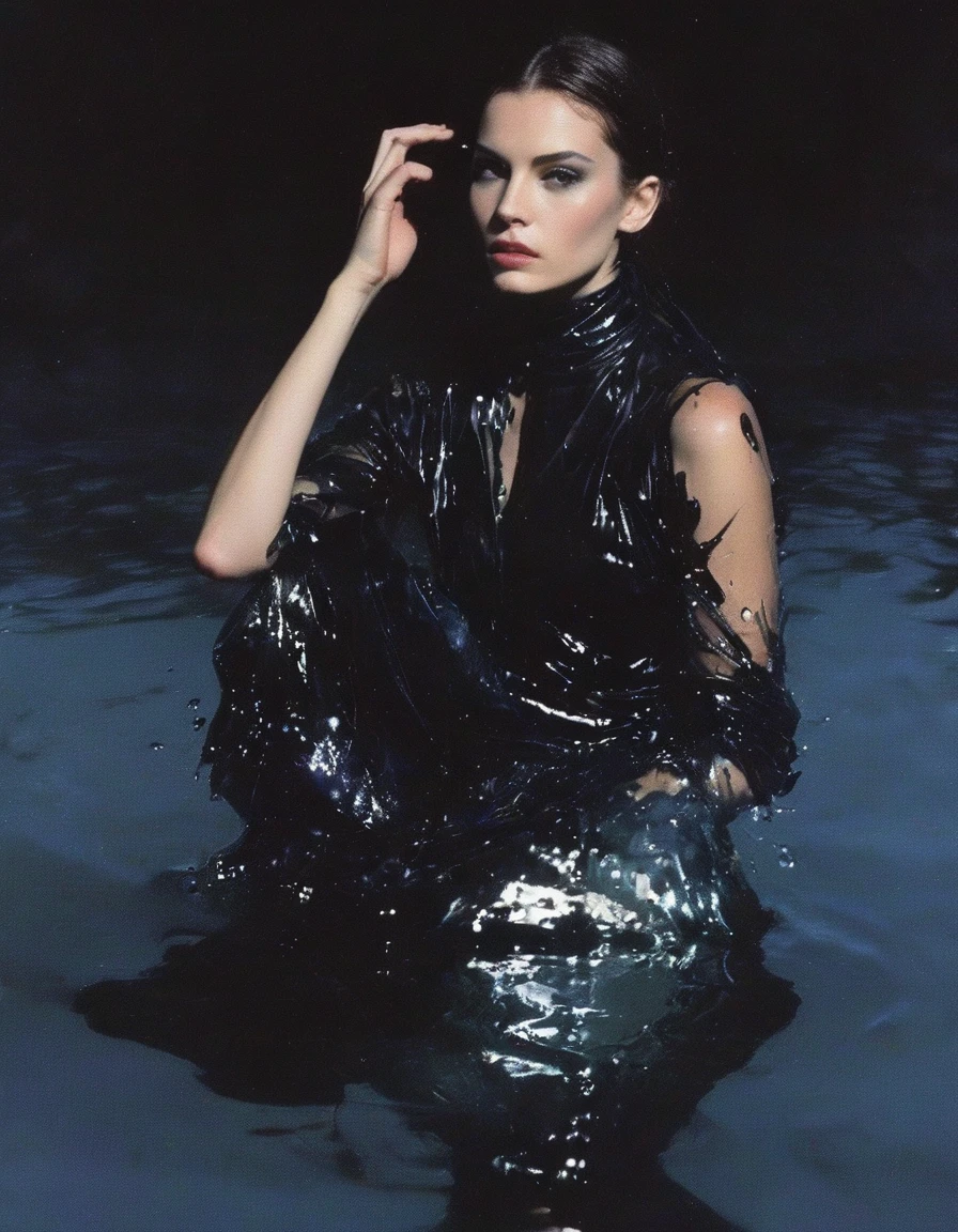 vintage 90s fashion shoot, defragment young female fashion model in black water