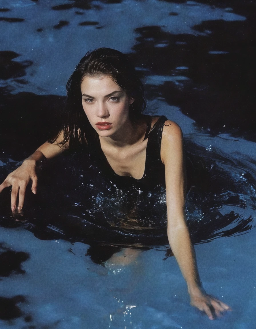 vintage 90s fashion shoot, defragment young female fashion model in black water