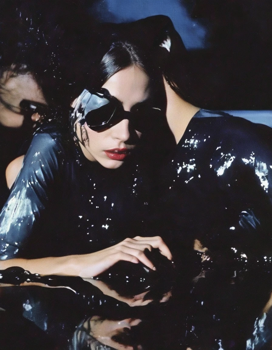vintage 90s fashion shoot, defragment young female fashion model in black water