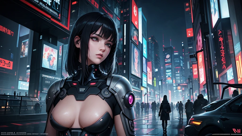 (masterpiece), (best quality), (very detailed), ((1 woman)), (cyberpunk), future city background, ghost in the shell, detailed eyes, Detailed nose, Detailed lips, perfect face, perfect body, Side face and upper body expression, Place a small person on the left side of the picture, movie poster, landscape