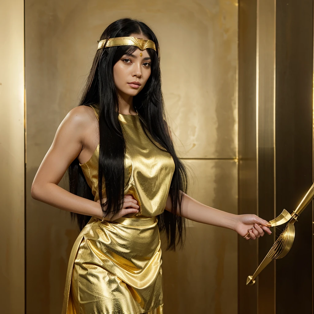 Woman , very long black hair with a little golden bang , a long white skirt with gold justice accessories, a yellow blindfold with a gold justice balance in her hand , goddess of justice
