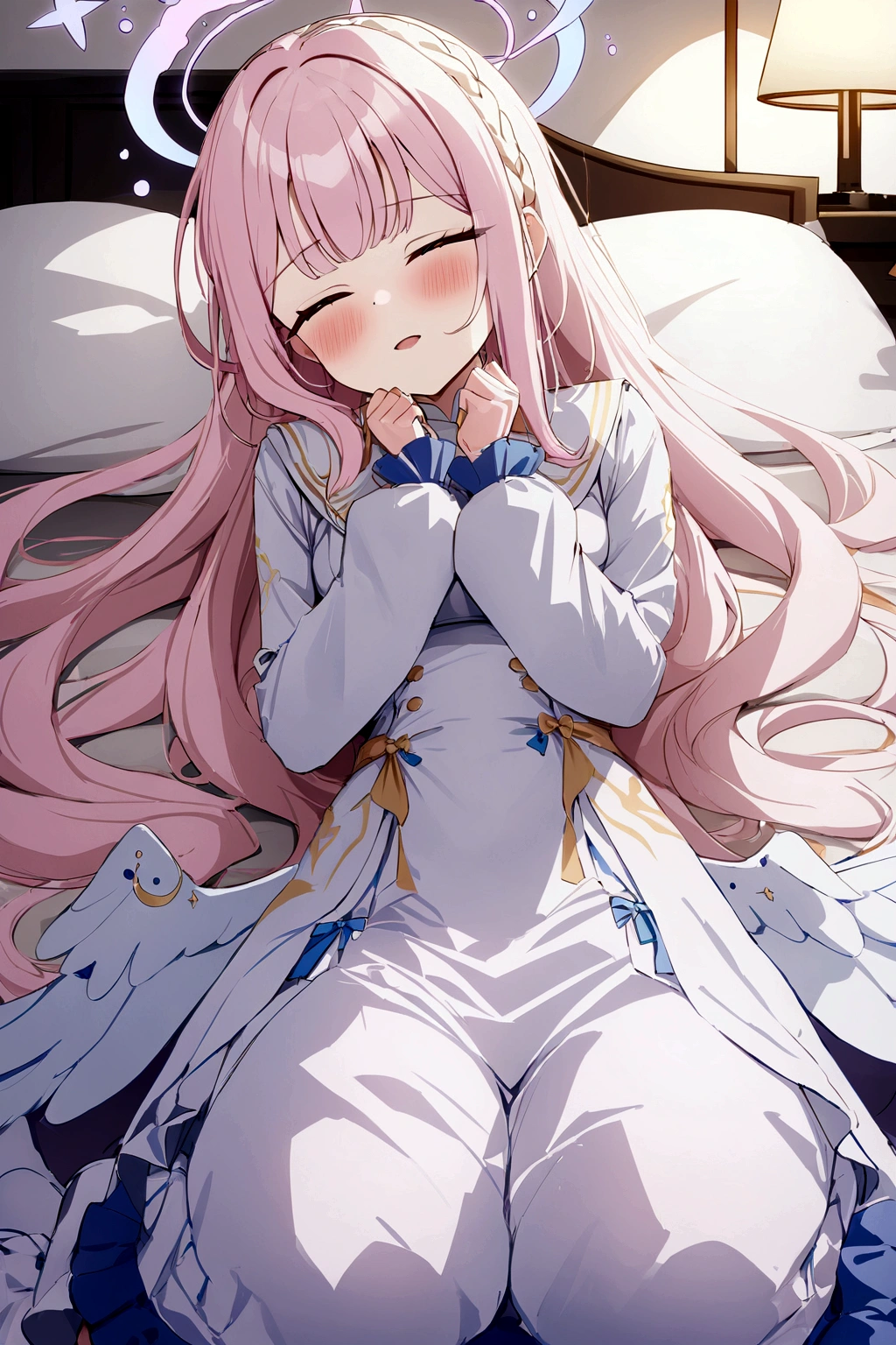 Mika(Blue Archive),sauce_anime,最high quality, 最high quality, masterpiece, detailed outfit, Super detailed, ultra detailed, Highly detailed, Cinema Lighting, Perfect Anatomy, CG:1.9, ultra detailed:1.9, ultra-detailed:1.9, High resolutionolution:1.9, High resolution:1.9, Absurd:1.9, masterpiece:2, high quality:2, 最high quality:2,futon,indoor,wariza/W sitting,seiza,Warm lighting,Sleepily,close your eyes,聖園Mika,pink hair