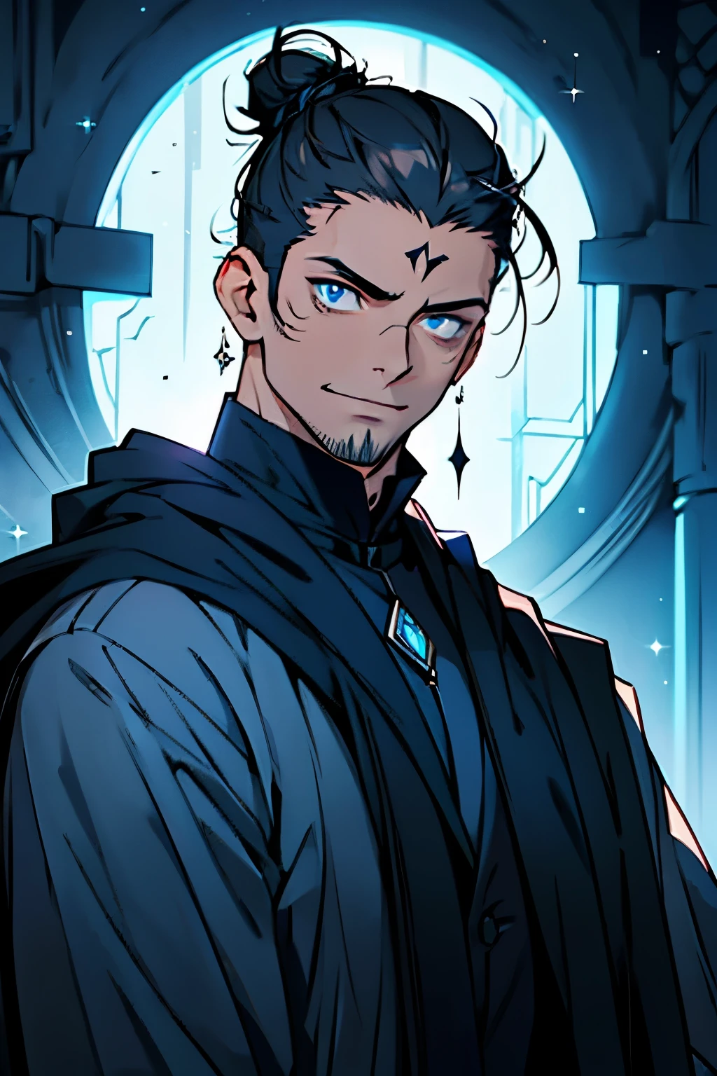 A muscular hunter, radiating an aura of amiable charisma, is depicted with sky-blue eyes that sparkle with intelligence. His long, dark hair is meticulously tied in a sleek black man bun, adding a touch of elegance to his rugged appearance. His outfit resembles that of a necromancer, with robes of deep hues and intricate patterns, hinting at his mysterious profession. The intricate details of the hunter's chiseled facial features stand out, from his high forehead to his solid jawline, accentuated by a well-groomed stubble. His eyes, deep and captivating, are illuminated by the soft