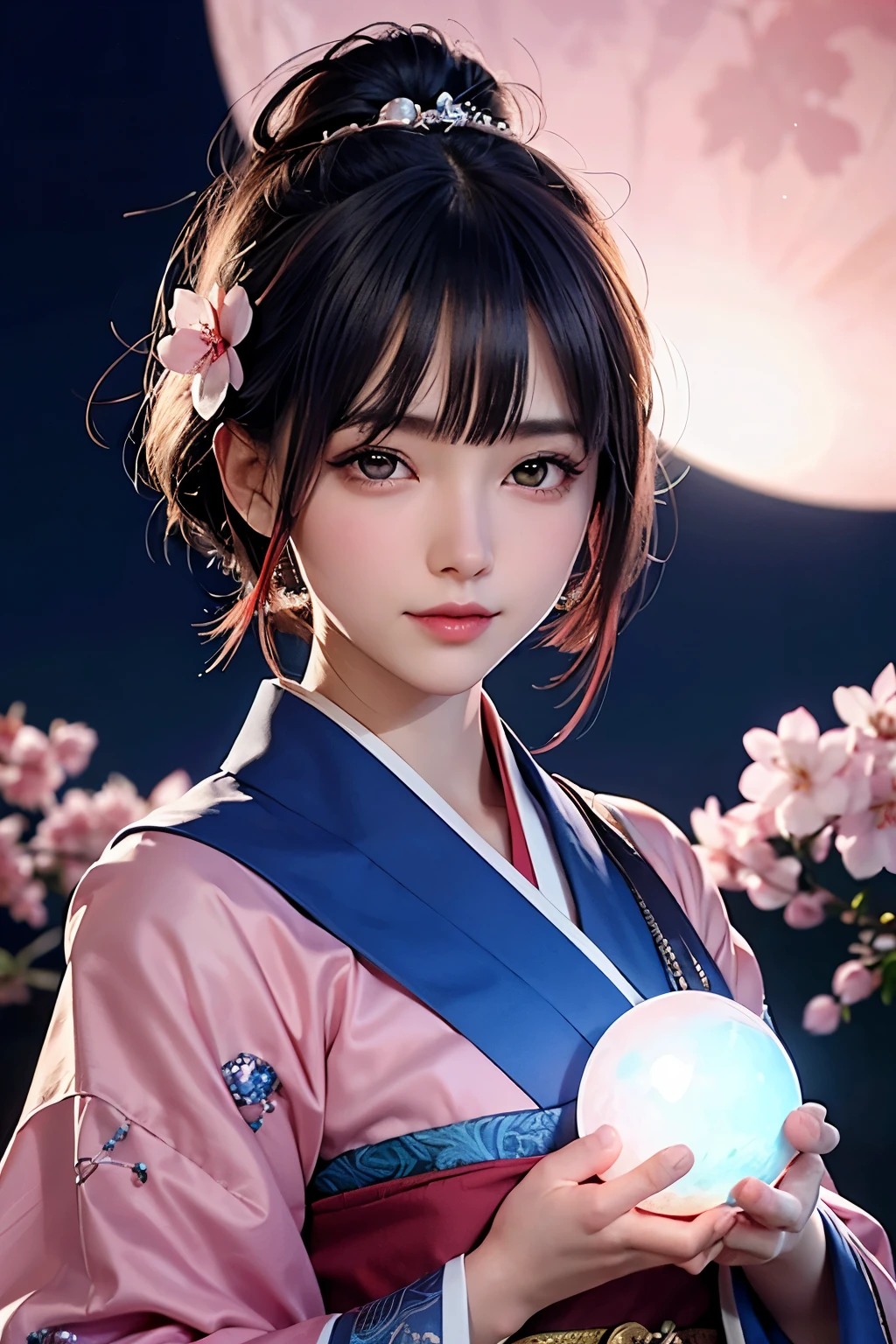 (Holding a glowing blue crystal ball in each hand)),positive,Front configuration,Upper Body,((Observe the audience)),gorgeous red and black kimono,Cherry Blossom Hair Accessories,length, Short Hair, Silver Hair,Cherry Blossom Hair Accessories,Beautiful and delicate face,blush,Cherry pink eyes,Big eyes,Extremely fine resolution,Highest quality,(Pink Moon),mysterious,Cherry Blossoms at Night