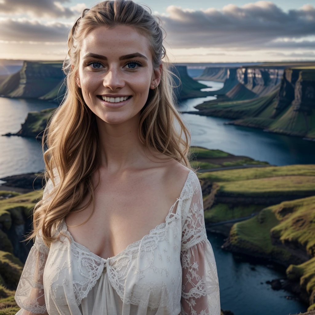 RAW, photograph,((best quality)), ((masterpiece)), ((realistic)), gorgeous icelandic woman, icelandic woman with all her features and characteristics, standing upright on the edge of a cliff, with a stunning view of a icelandic fjord below, (she’s wearing typical icelandic clothing), in the sunset light, smiling, innocent, (freckles:0.6), intricate details, highly detailed, sharp focus, professional, 4k, god rays, delicate, innocent, highres, detailed facial features, high detail, sharp focus, smooth, aesthetic, extremely detailed, photo_\(ultra\), photorealistic, realistic, post-processing, max detail, roughness, real life, ultra realistic, photorealism, photography, 8k uhd, photography, SEMI-SILHOUETTE light, instagram, viral instragram photo, solo, 1 woman