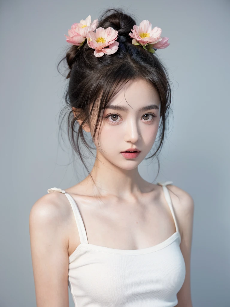 masterpiece,Best picture quality,Extreme details,Ultra-high resolution,Ultra-high definition,Beautiful young people,Glowing skin,thin,Black Hair,Half bun,1,big eyes,beautiful eyes,Lipstick,Exquisite facial features,Medium shot,Looking at the viewer, Tube Top Suspenders,Single tone background,White background,Soft light,Wear flowers on your head