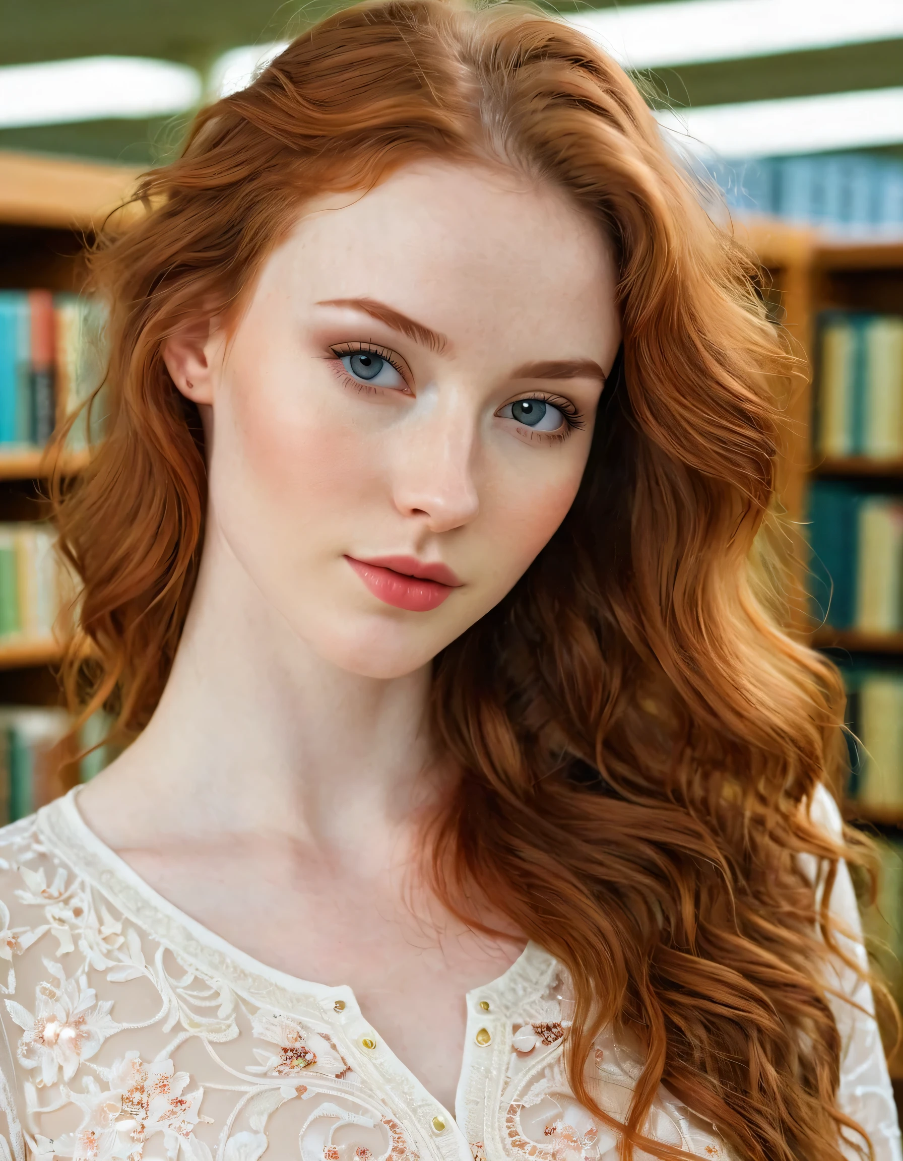 Photography full body portrait of a very beautiful realistic girl,in the library, porcelain skin, very light skin, very pale skin, redhead, wavy, open hair, Detail of skin structure, hazel eyes, Slit eyes, small-nose, small nostril, think of arched eyebrows, thick lower lip, seductive glance, happy face, unique face, Wear a casual dress, detailed photo, foto realista, Masterpiece Image, sharp image, clear daylight outside