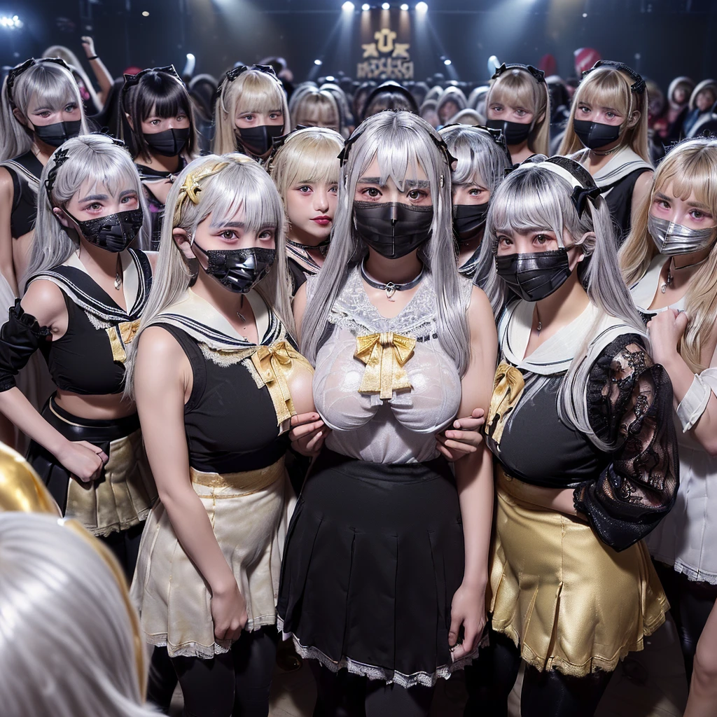 8K resolution, surreal, Super detailed, high quality, perfect anatomy, perfect proportion,
((((((A group photo of home party at midnight, women only, most crowded indoor festival at night club, 7 girls, group photo)))))),
(((((jirai fashion, sailor collar, sailor uniform with many frills, Lace, black micro skirt, bow ribbon))))),
(((black clothes))),
((grin, smile, happy)), ((((wearing black face mask)))),
((((bright bleached hair, silver hair, gold hair))))+, (((super large breasts))), posing,
(((shiny detailed oiled porcelain skin))),
(((black see-through tights))), looking at viewer, full body