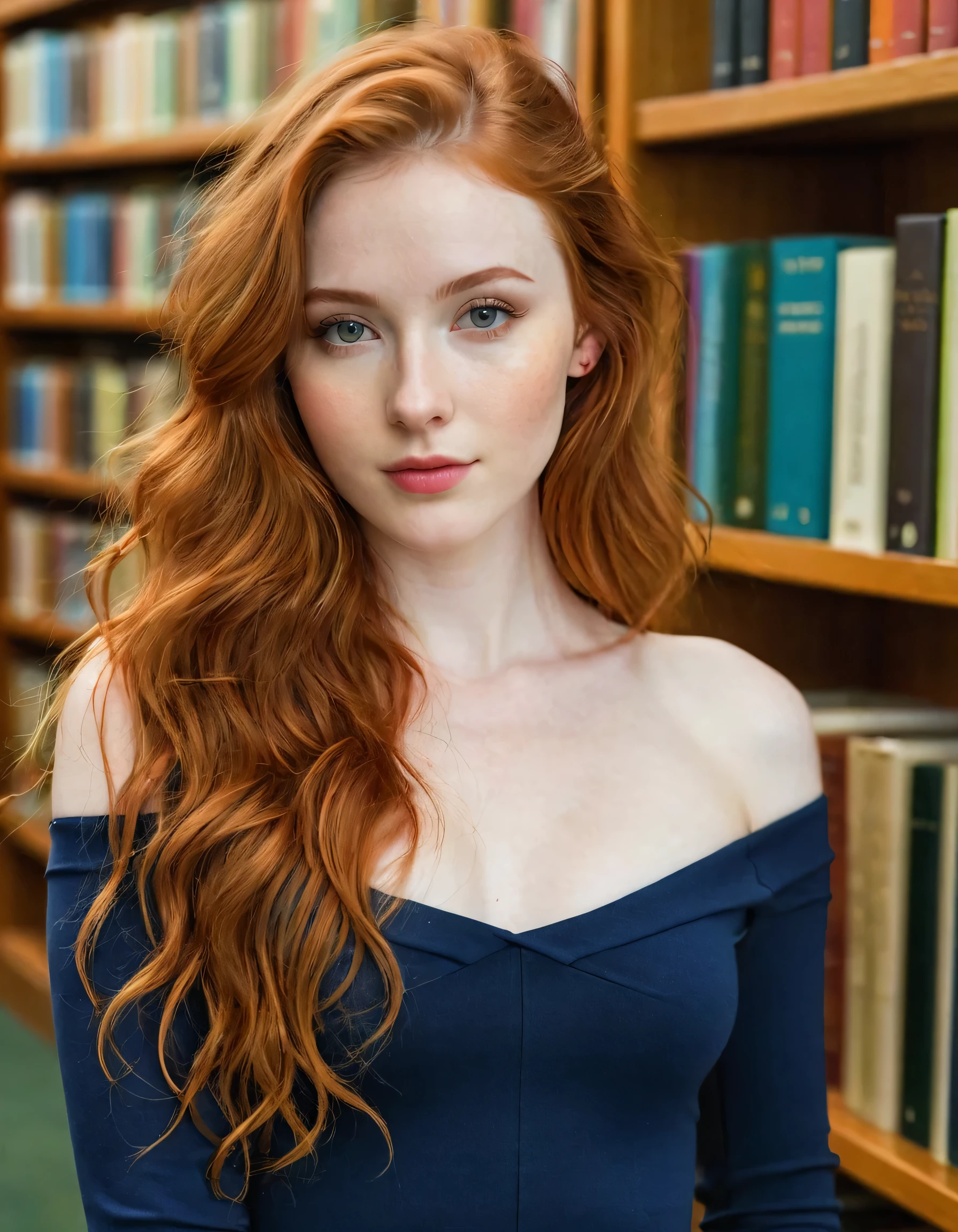 Photography full body portrait of a very beautiful realistic girl,in the library, porcelain skin, very light skin, very pale skin, redhead, wavy, open hair, Detail of skin structure, hazel eyes, Slit eyes, small-nose, small nostril, think of arched eyebrows, thick lower lip, seductive glance, happy face, unique face, Wear a casual dress, detailed photo, foto realista, Masterpiece Image, sharp image, clear daylight outside