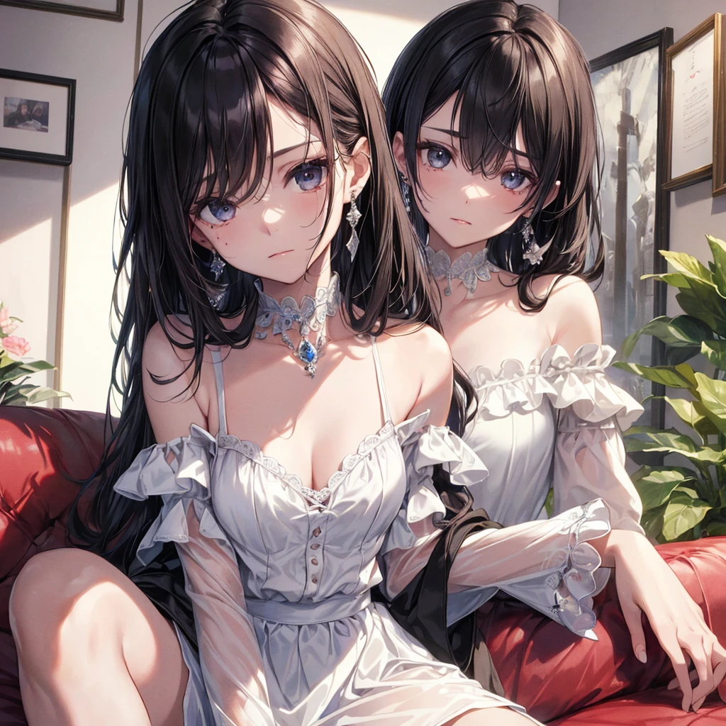 ((((absurdres, RAW photo, extremely delicate and beautiful, masterpiece, Best Quality, ultra high resolution, 32k, hyperrealistic, ultra-detailed)))), in her 20s, very Slim body, narrow waist, very small head, very small face, delicate facial features, beautiful face, beautiful eyes, very huge round tits, medium hair, black hair, wavy hair, tearful mole, earring, full body shot, off-the-shoulder cut top, sofa,