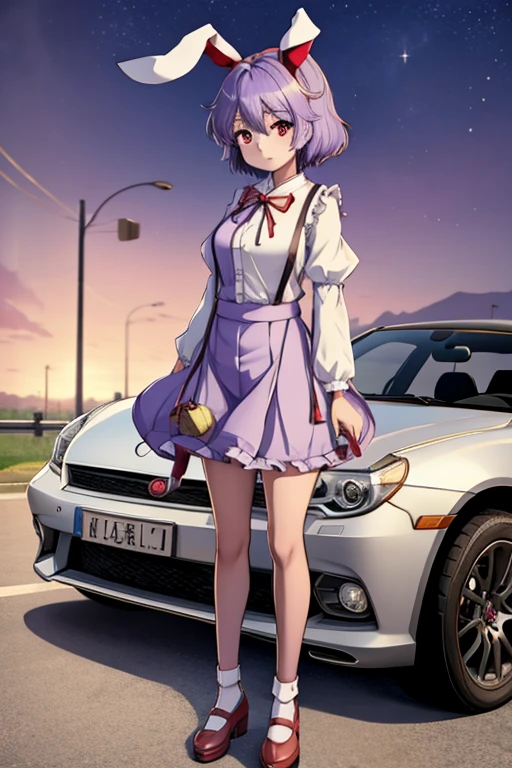 1girl, Touhou, Reisen Inaba, short hair, light purple hair clolor, red eyes color, rural city background, standing, on a car, above a car, (wide shot, wider shot), full body, distant shot