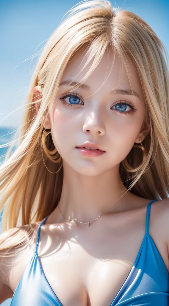 Adorable, 14years , Ruffled plummeting one-piece swimsuit, A very beautiful blonde girl from Scandinavia, Lush bust,Beach, Low contrast, (Smirking expression:0.8), Super Long Straight Silky Hair、hair scrunchie, long bangs between eyes、Best Quality, 超A high resolution, photographrealistic, ultra-detailliert, 8K, Raw photo, masuter piece、Very beautiful bright and shining light blue big eyes、very big eyes、gloss cheek highlights、Small face beauty、Kamimei