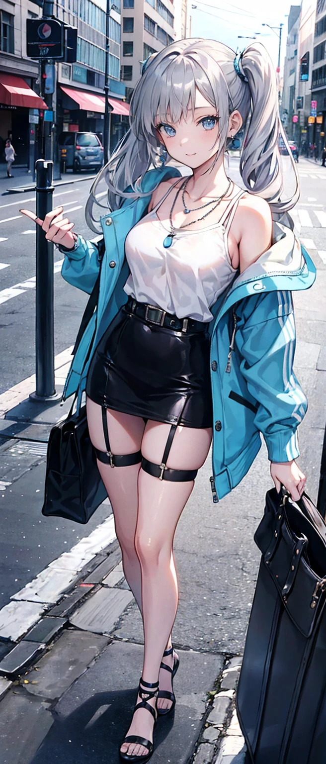 High resolution, high resolution,2D Anime Style,,Cool woman,Mature look,,20th Generation,Silver long hair,Curly hair twin tails,Light blue eyes,Heavy makeup,Gal,Beautiful watch,Beautiful earrings,Beautiful necklace,Wearing a jacket,Wearing a hoodie,garter belt,Punk Fashion,He is smiling a little,whole body,Walking around the city,