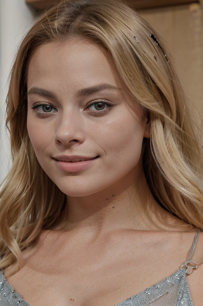 une photo prise en selfi d'une femme très blonde avec des traits européens qui ressemble a margot robbie, elle est habillé, elle est de dos, elle a de très belle forme et prends des positions naturelles sans forcément regarde tout droit