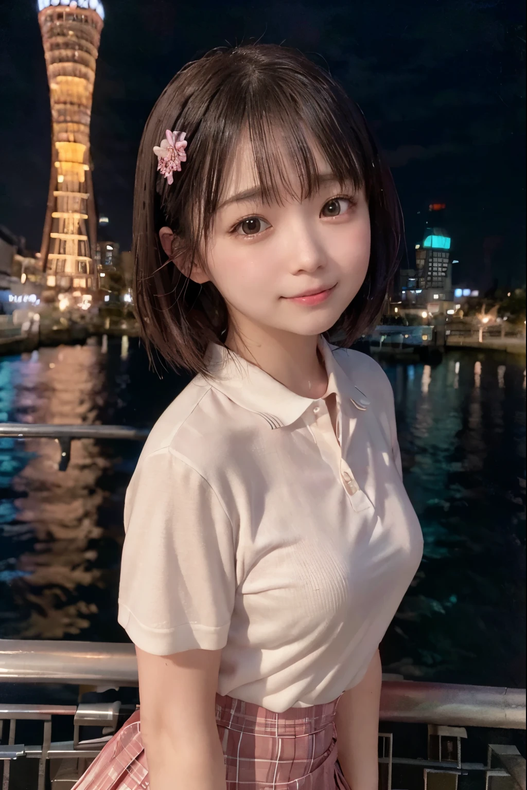 SFW, 
Outside, 
(porttower, kaiyomuseum), reflection, [city lights, neon lights], 
Water-Front, Stainless Roundbar Deck, 
1 Japanese Girl, Short Bob Cut, Wide-Set Eyes, Pale Skinned, Bashfully, Blush, **-****-***, Open Mouse Slightly, 
Perfectly anatomically correct, 
(Skirt, Polo Shirt), 
Brown Hair, Wet Hair, Short Twintails, 
Ecstasy, Light Smiling, 
Looking Back Viewer, 
Dynamic Angle, from Below, 
8K, RAW Photo, Best Quality, Masterpiece, Realistic, PhotoRealistic, Extremely Detailed 8K Wallpaper, Beautifully Detailed Eyes, Finely Detailed Face, 
Professional Lighting, Cinematic Lighting, ((bokeh))
