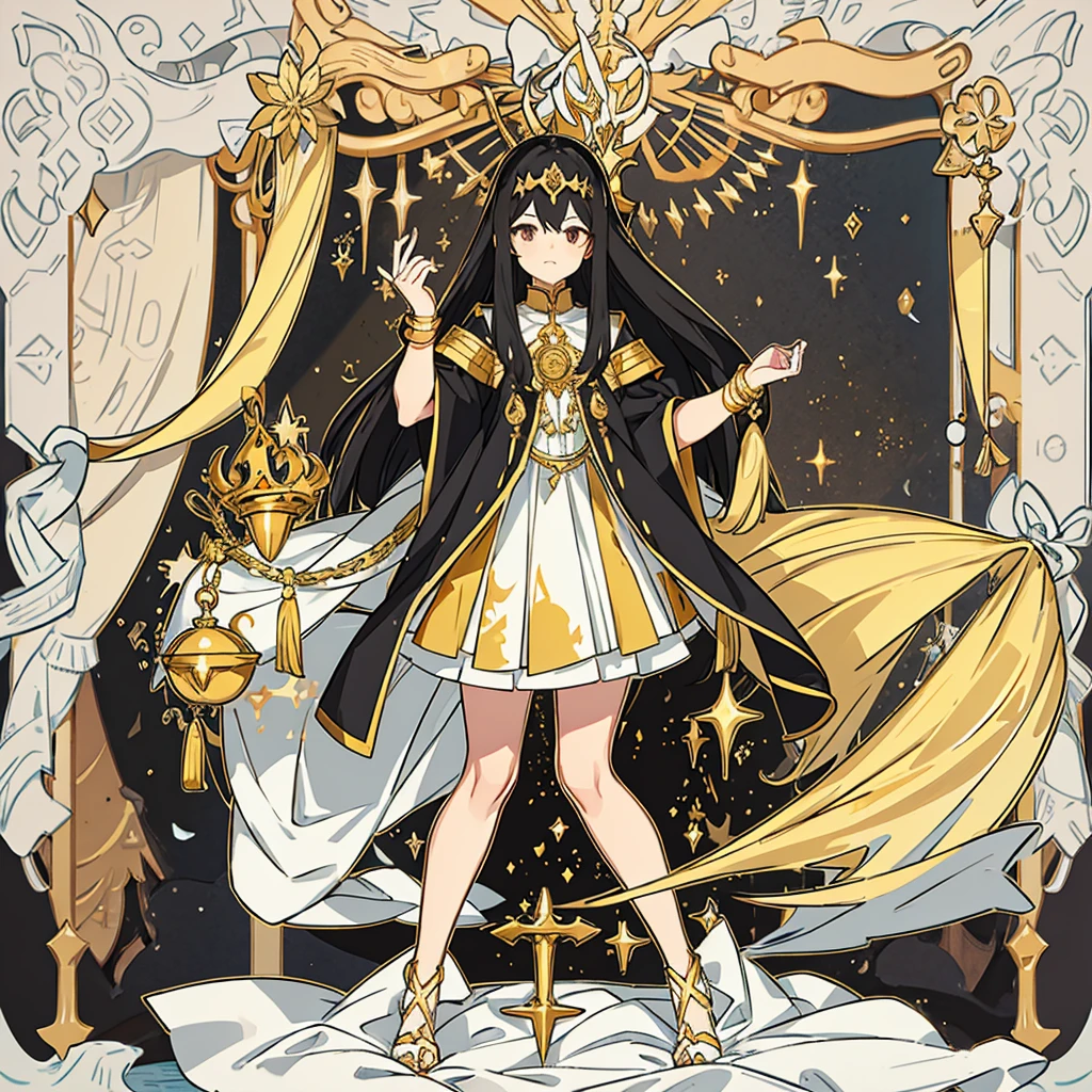 Woman , very long black hair with a little golden bang , a long white skirt with gold justice accessories, a yellow fold with a gold justice balance in her hand , goddess of justice