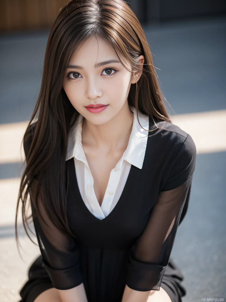 (RAW Photos), (Realistic), (masterpiece), (Highest quality), High resolution, 8K, (Intricate details), (Volumetric Light), Portraiture, woman, Age 35, Medium Hair, Straight hair, Medium Chest, Layered Hair, Brown Hair, Very beautiful eyes, Source order, Very thin eyebrows, Very fine skin, Very beautiful mouth, Very nice nose, Cute like an idol, smile, (Thick lips), (Looking at the audience), (See-through black collared dress shirt), Above the knee shot