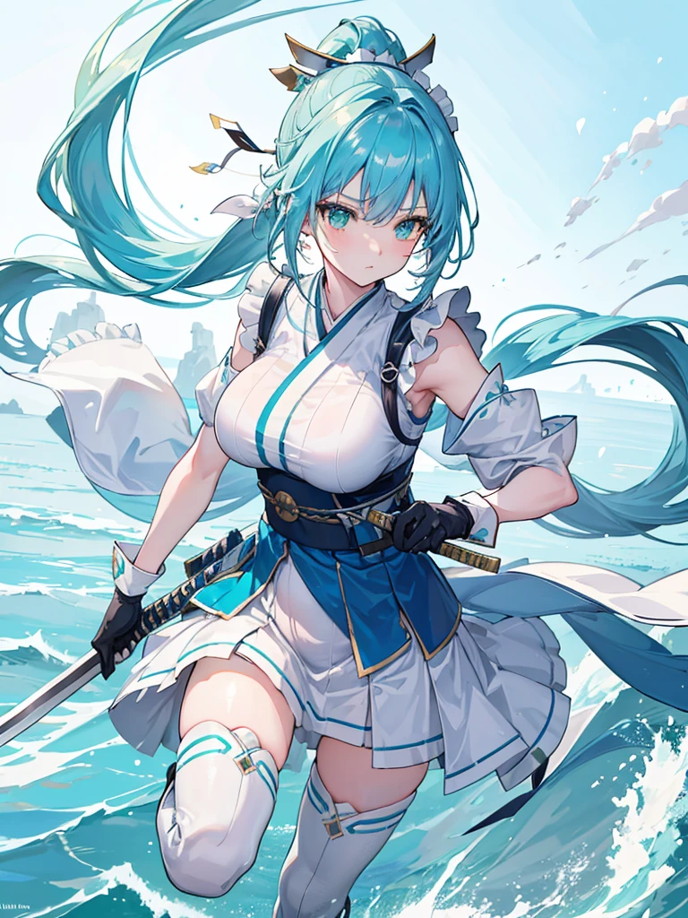 4K,high resolution,A woman,Light blue hair,Long Ponytail,Weaving,Green Eyes,Large Breasts,warrior,白色のwarriorの鎧,Maid uniform,sleeveless,Long white gloves,White boots,black,Japanese sword,seaside,Pregnant