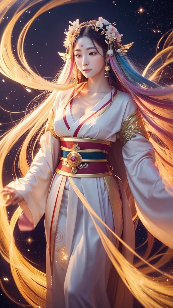 A realistic depiction of the beautiful and enchanting goddess Amaterasu Omikami. She is portrayed as a stunningly attractive woman with long, flowing hair, dressed in traditional yet ethereal Japanese robes. Her serene and wise expression exudes divine grace. The background is otherworldly, with vibrant, swirling colors and celestial elements that create a sense of being in another dimension