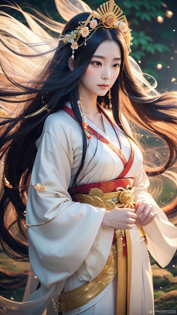 A realistic depiction of the beautiful and enchanting goddess Amaterasu Omikami. She is portrayed as a stunningly attractive woman with long, flowing hair, dressed in traditional yet ethereal Japanese robes. Her serene and wise expression exudes divine grace. The background is otherworldly, with vibrant, swirling colors and celestial elements that create a sense of being in another dimension
