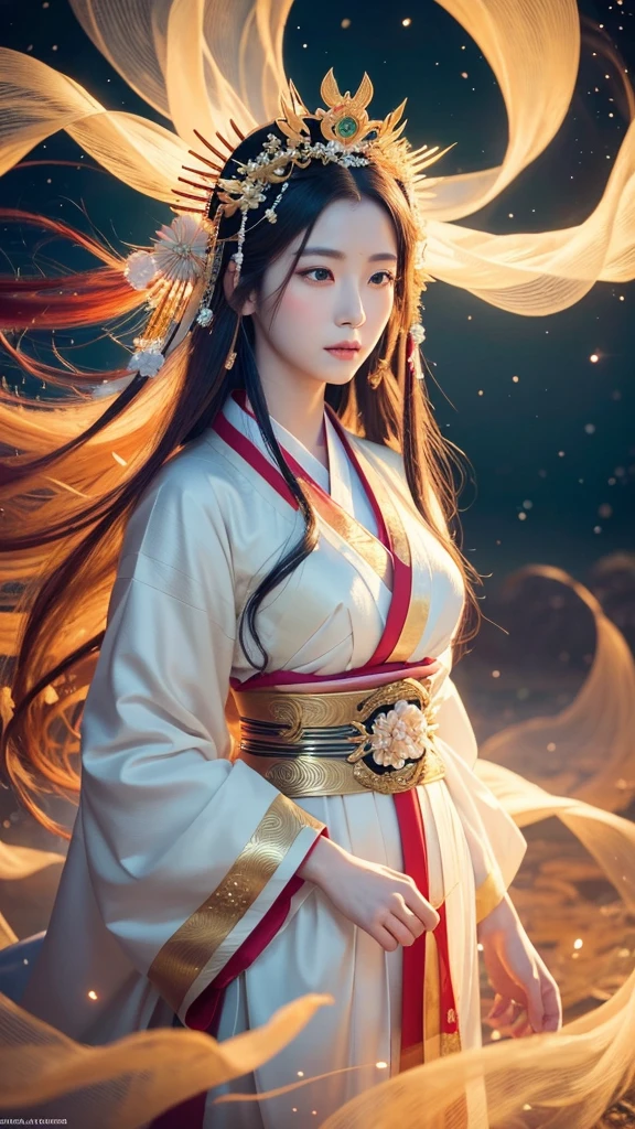 A realistic depiction of the beautiful and enchanting goddess Amaterasu Omikami. She is portrayed as a stunningly attractive woman with long, flowing hair, dressed in traditional yet ethereal Japanese robes. Her serene and wise expression exudes divine grace. The background is otherworldly, with vibrant, swirling colors and celestial elements that create a sense of being in another dimension