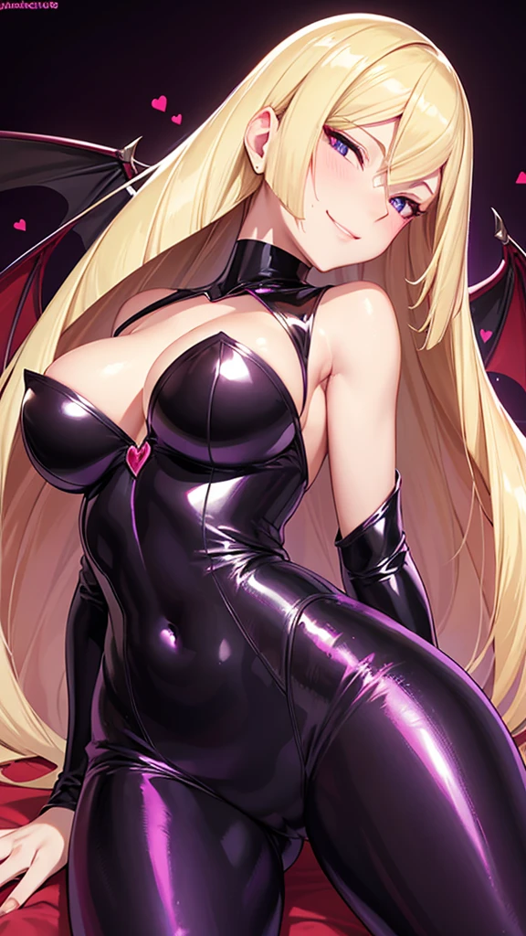 Erotic Lusamine, tall, busty, blonde, mature, married woman, female executive in shiny purple rubber suit, red, black background, heart, bedroom, dark theme, evil, temptation, excitement, condescending smile, sexy pose, upper body emphasis, lying on man, angle from below, bat wings, succubus