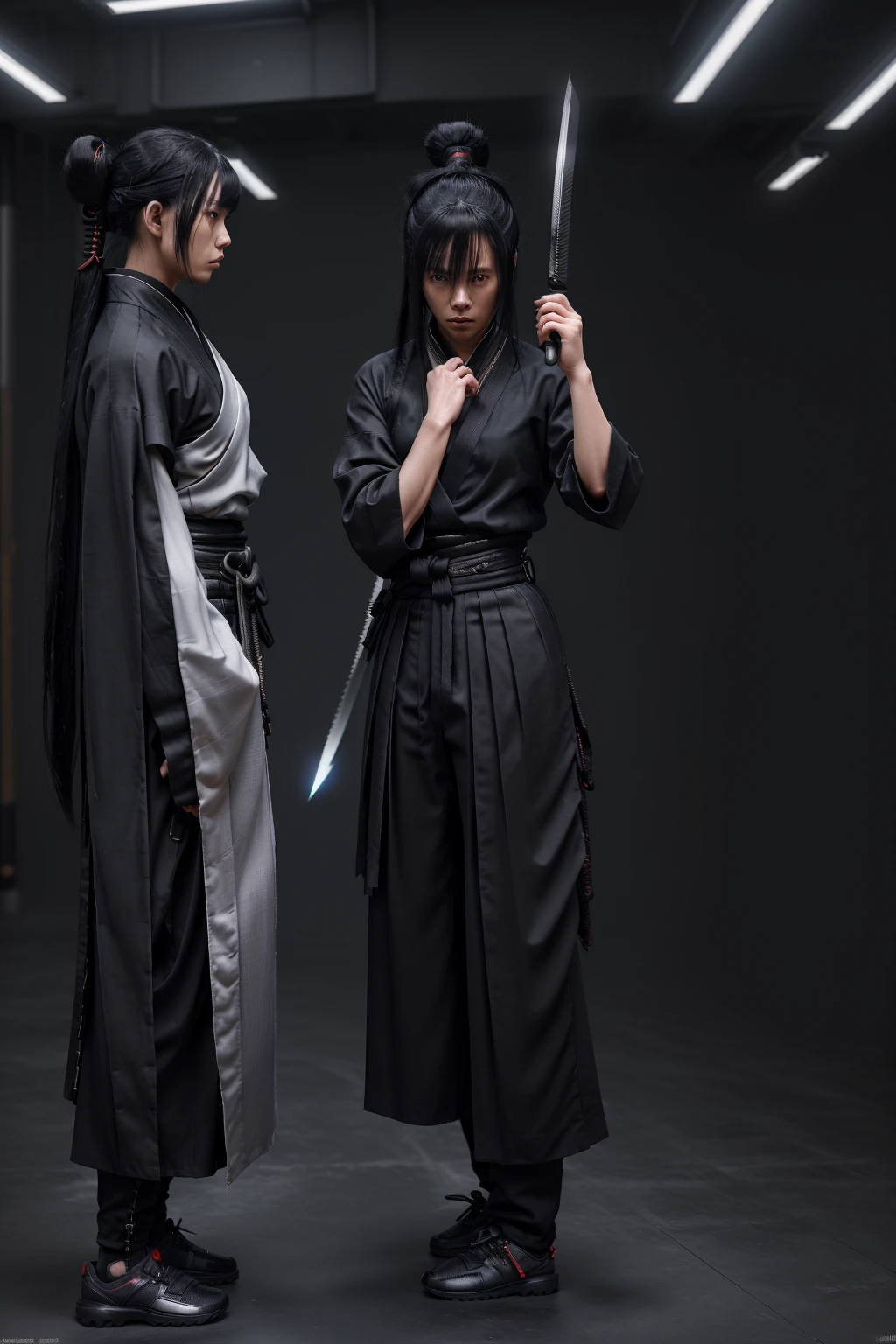 (clothes, pants and shoes like a futuristic samurai), mature male, /(long black hair tied up/) bangs, (black hakama), (blade shimmering), cyberpunk style background, 8k
